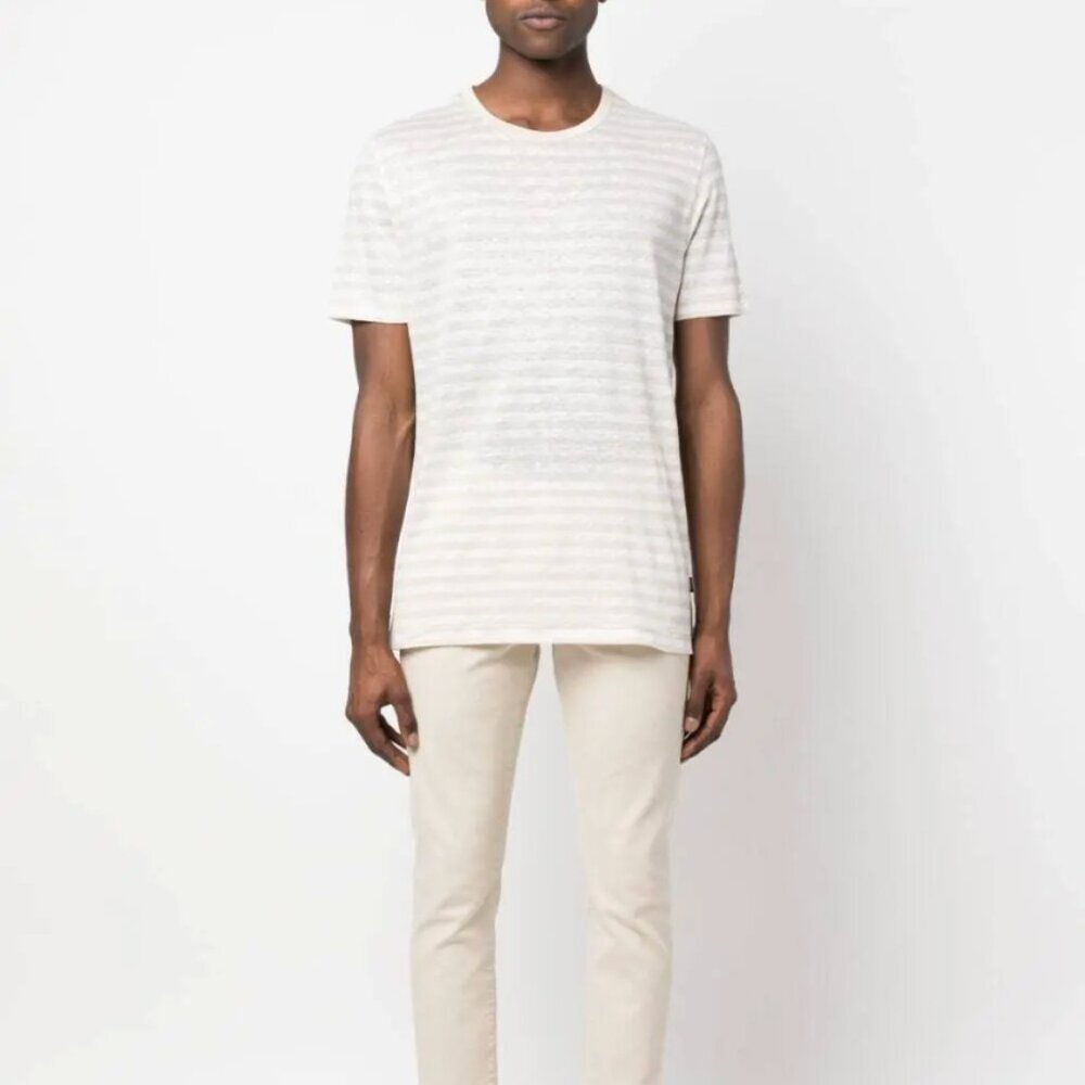 Hugo Boss Tiburt Stripe Linen T-shirt 100% Linen, Open White Size M - Picture 2 of 11